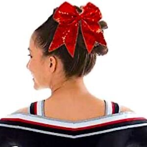 🌴 Red Glitter Cheer Bow Hair Tie | 8” Oversized | Dance, Spirit Wear, Holidays